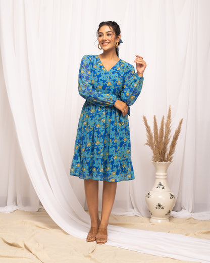 Women's Sky Blue Georgette Floral Printed  Dress