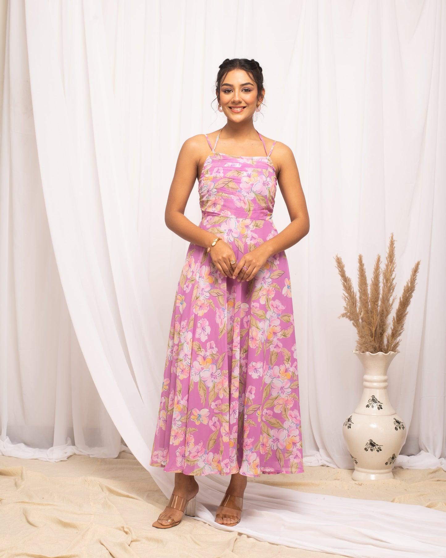 Women's Light Pink Georgette Floral Printed  Dress