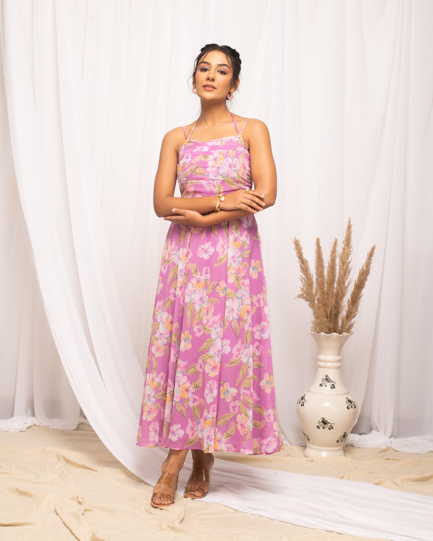 Women's Light Pink Georgette Floral Printed  Dress