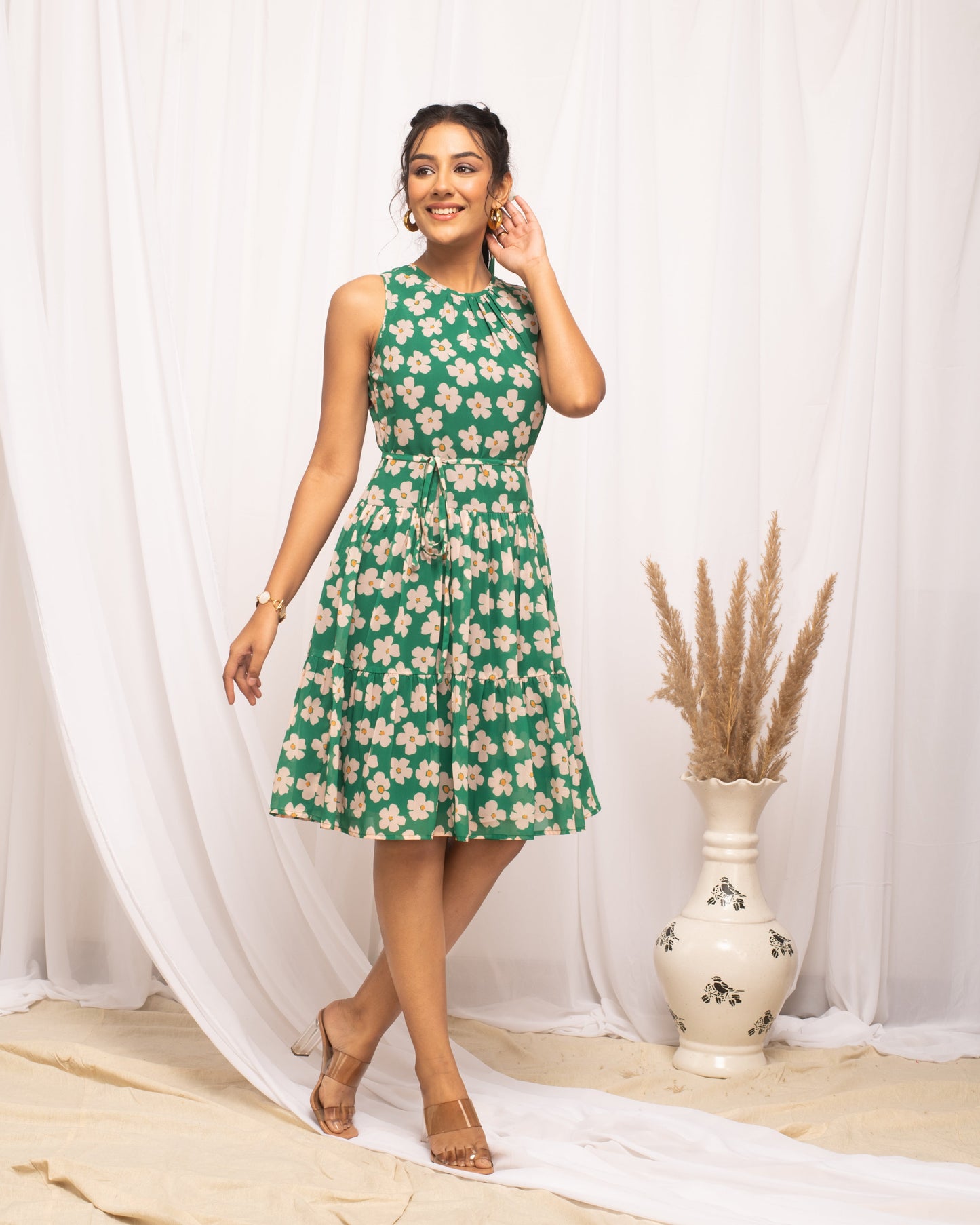 Women's Green Georgette Floral Printed  Dress