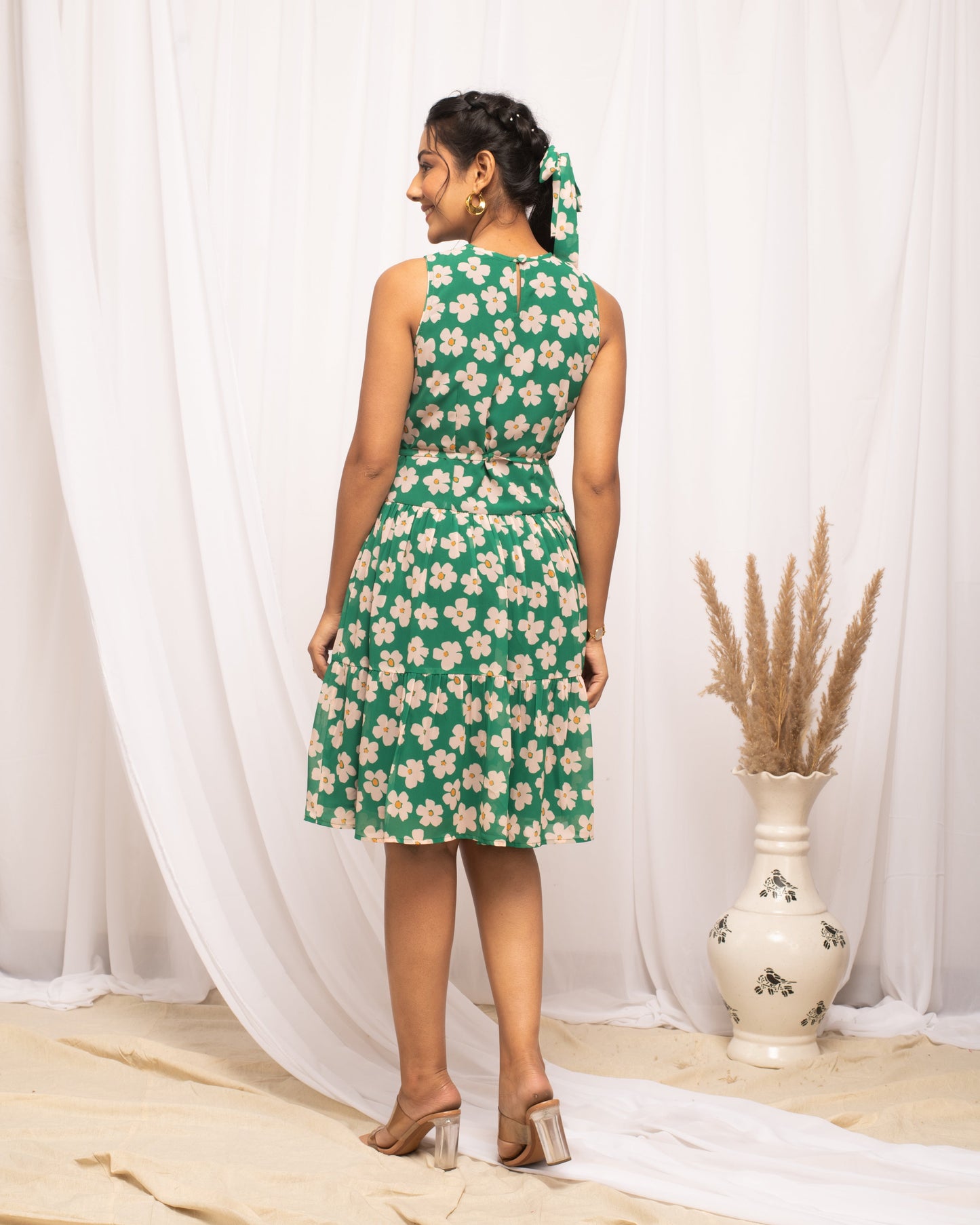 Women's Green Georgette Floral Printed  Dress