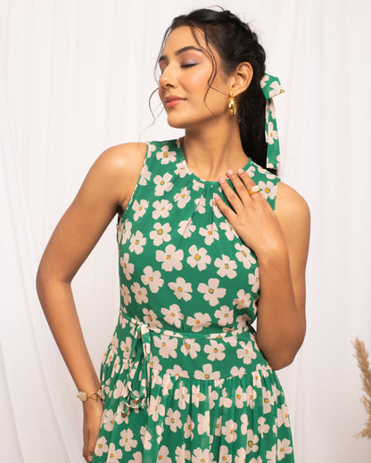 Women's Green Georgette Floral Printed  Dress