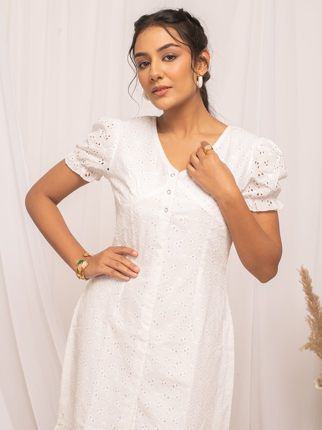 Dhiyona FL Women's White Schiffli Work Cotton Skater Dress