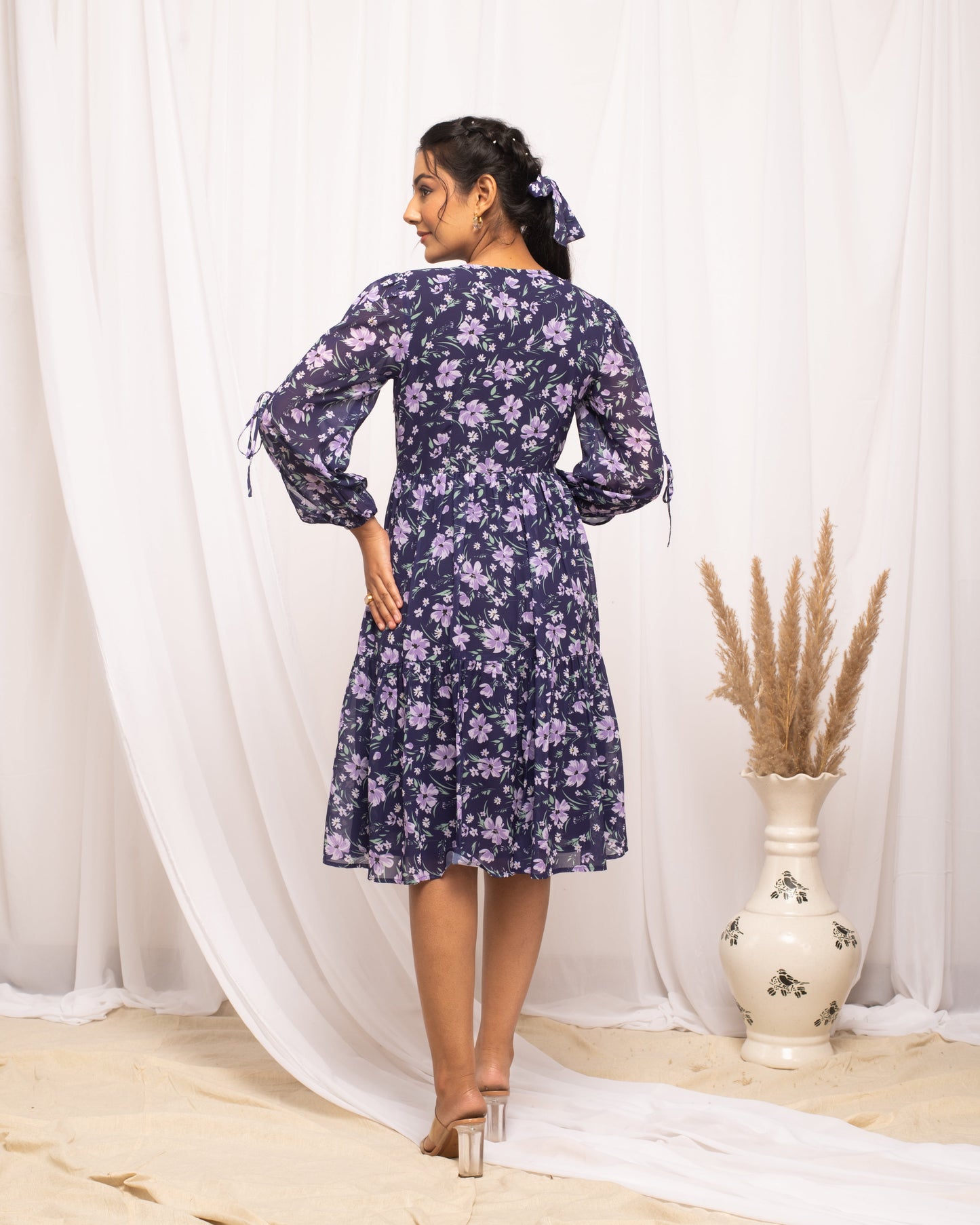 Women's Blue Georgette Floral Printed  Dress