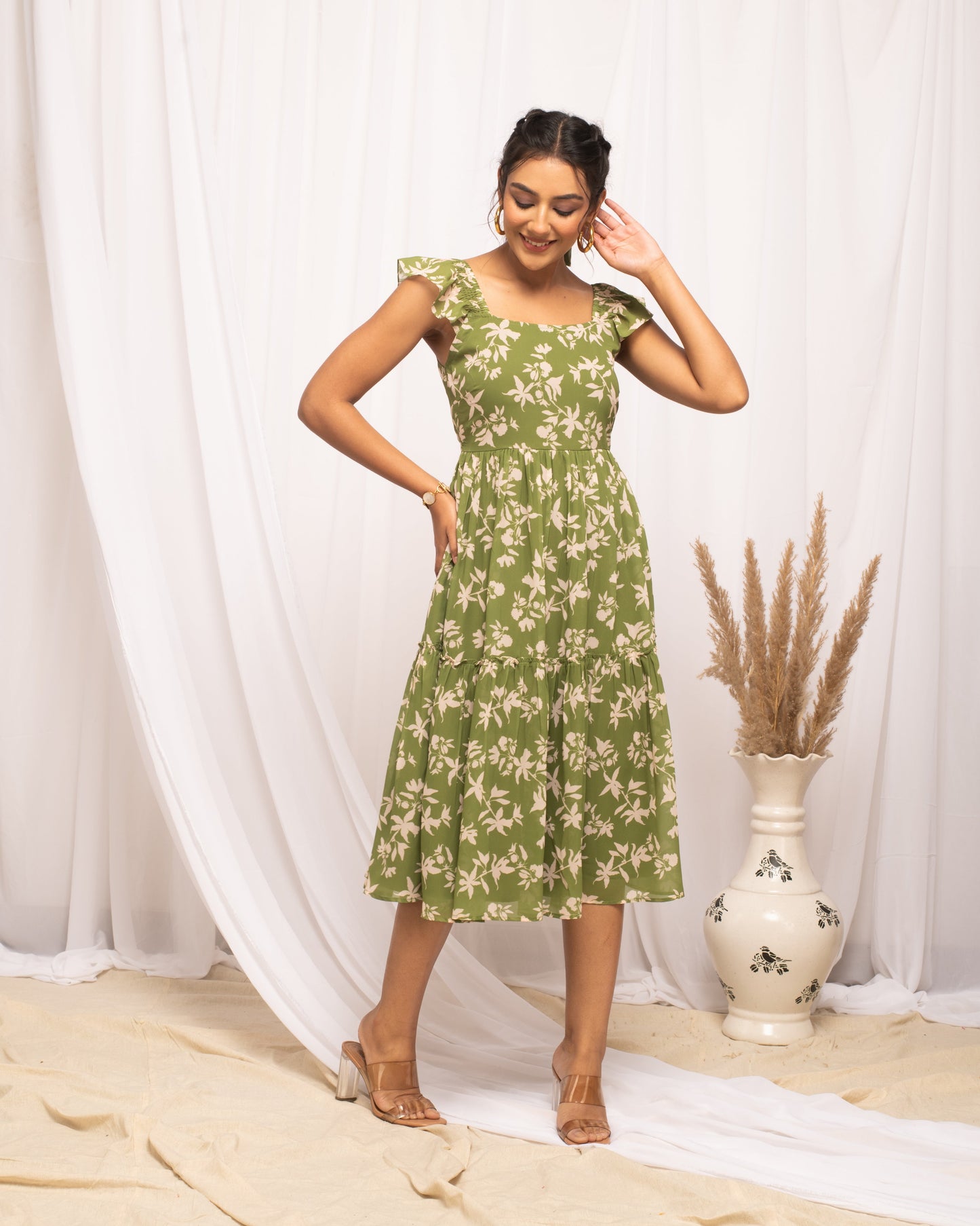 Women's Mehandi Green Georgette Floral Printed  Dress