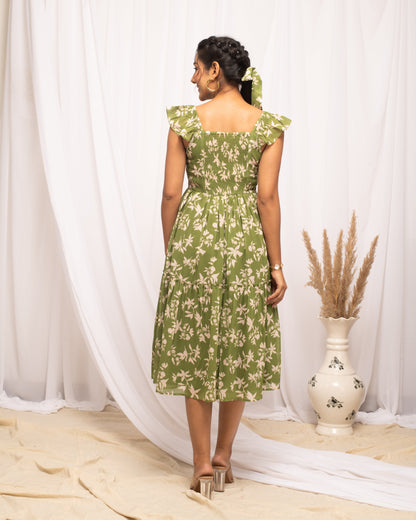 Women's Mehandi Green Georgette Floral Printed  Dress