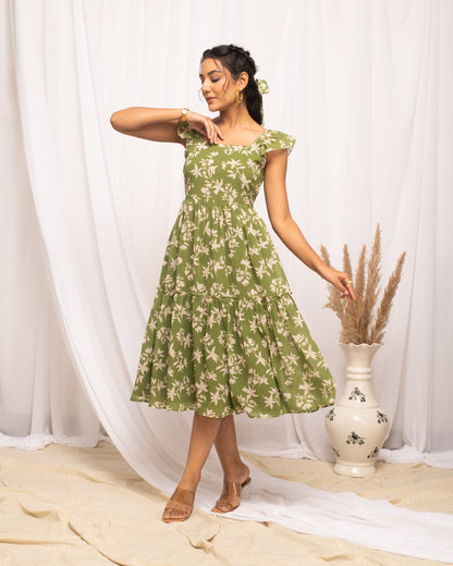 Women's Mehandi Green Georgette Floral Printed  Dress