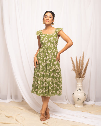 Women's Mehandi Green Georgette Floral Printed  Dress