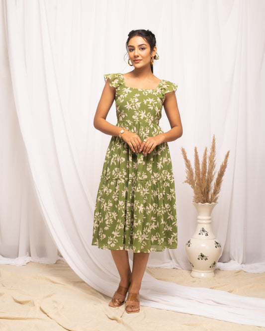 Women's Mehandi Green Georgette Floral Printed  Dress