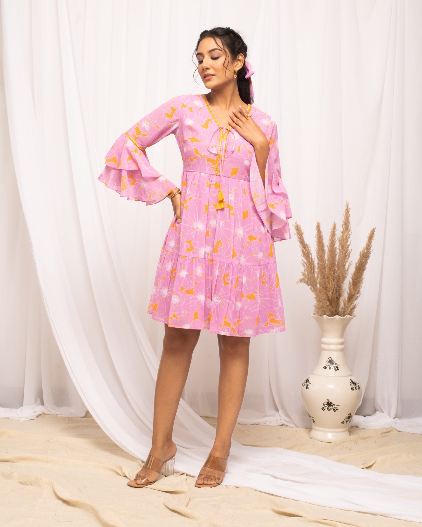 Women's Light Pink Georgette Floral Printed  Dress