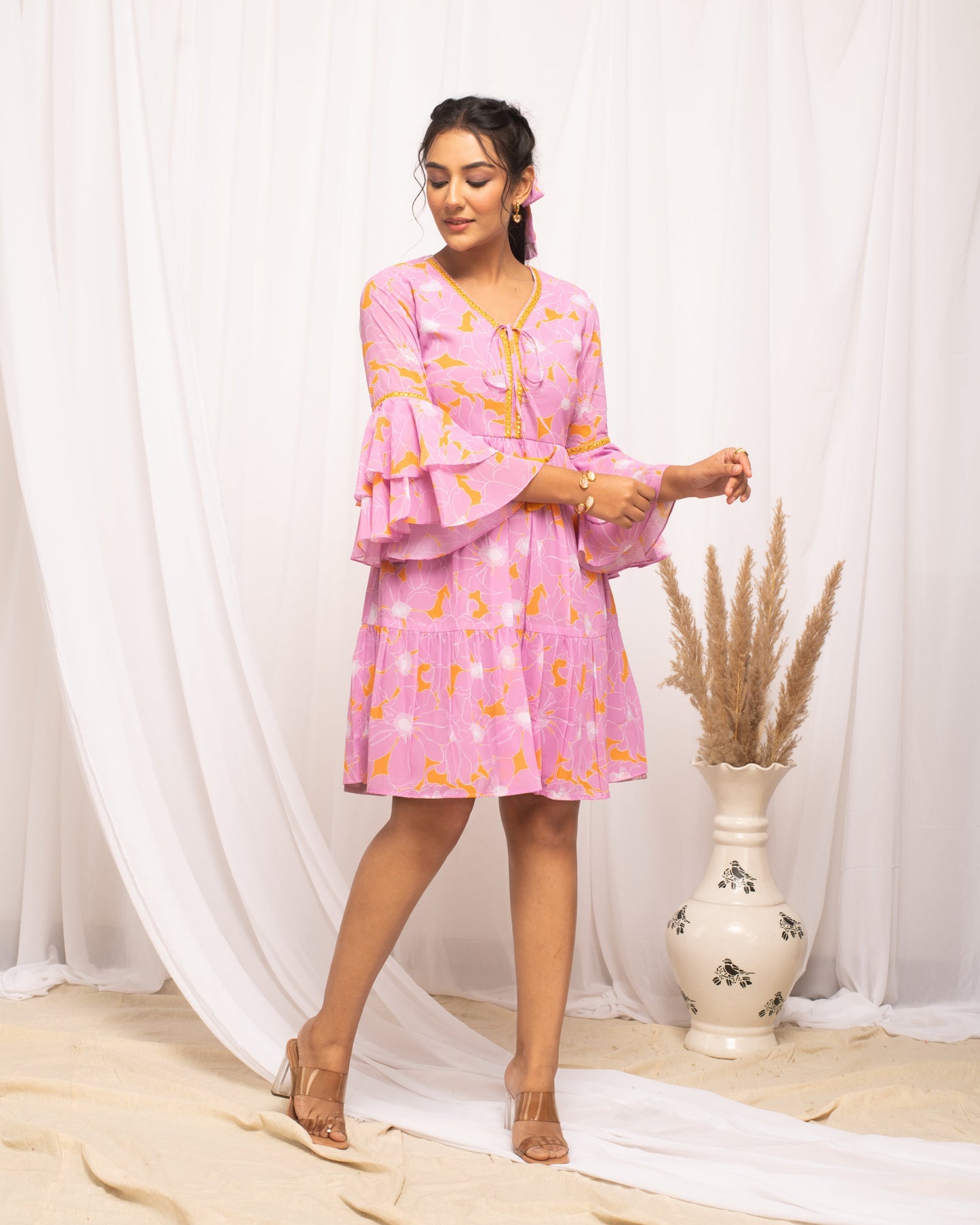 Women's Light Pink Georgette Floral Printed  Dress