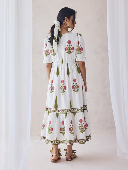 Dhiyona FL Women's Off-White Floral Printed Cotton Midi Dress