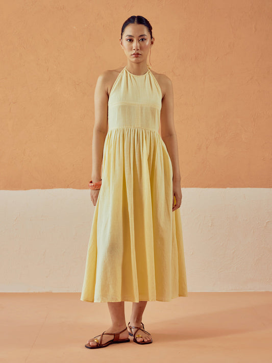 Dhiyona FL Women's Light Yellow Solid Linen Midi Dress