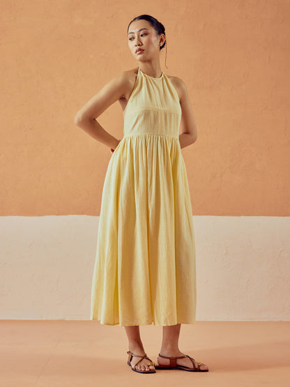 Dhiyona FL Women's Light Yellow Solid Linen Midi Dress