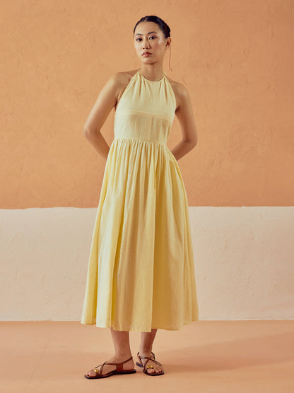 Dhiyona FL Women's Light Yellow Solid Linen Midi Dress