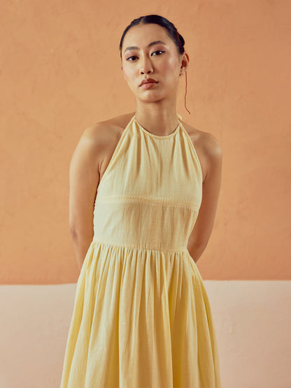 Dhiyona FL Women's Light Yellow Solid Linen Midi Dress