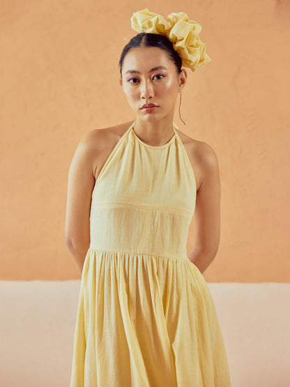 Dhiyona FL Women's Light Yellow Solid Linen Midi Dress