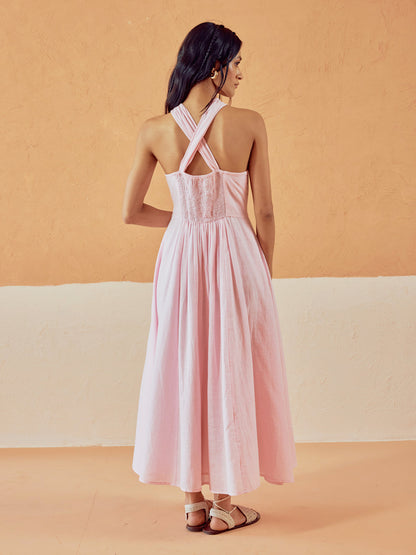 Dhiyona FL Women's Light Pink Solid Linen Maxi Dress