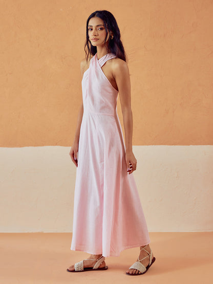 Dhiyona FL Women's Light Pink Solid Linen Maxi Dress