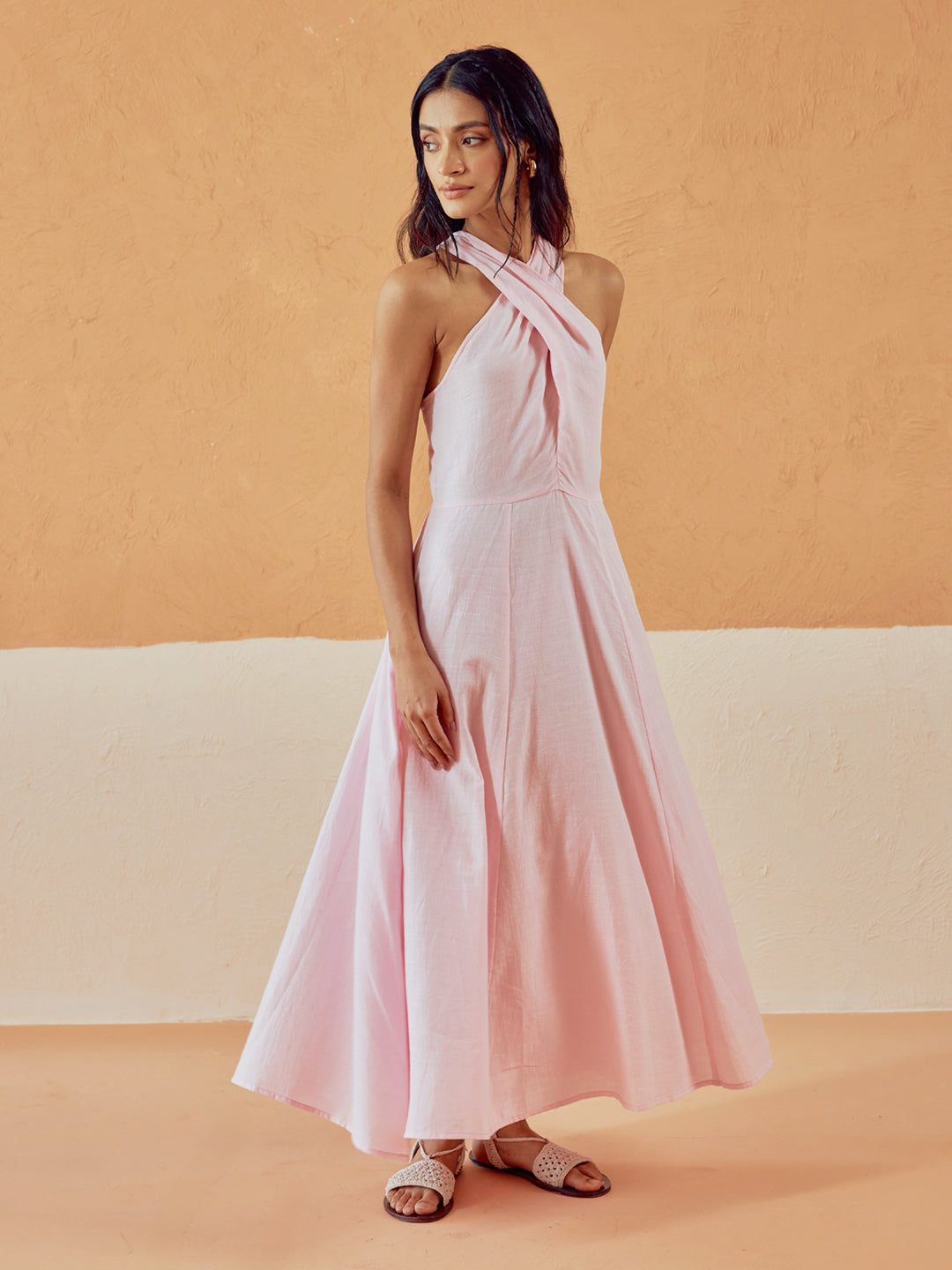 Dhiyona FL Women's Light Pink Solid Linen Maxi Dress