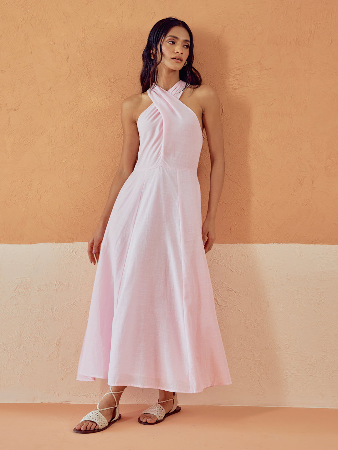 Dhiyona FL Women's Light Pink Solid Linen Maxi Dress