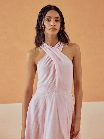 Dhiyona FL Women's Light Pink Solid Linen Maxi Dress