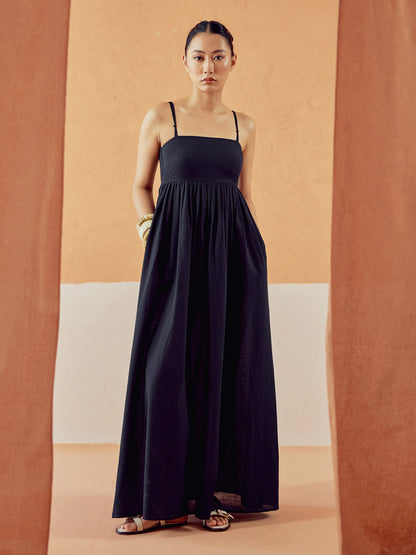 Dhiyona FL Women's Black Solid Linen Maxi Dress