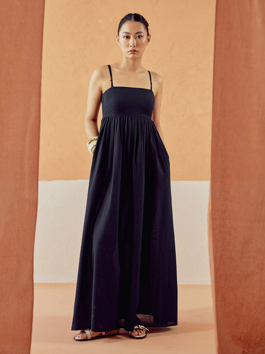 Dhiyona FL Women's Black Solid Linen Maxi Dress