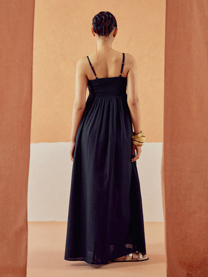 Dhiyona FL Women's Black Solid Linen Maxi Dress