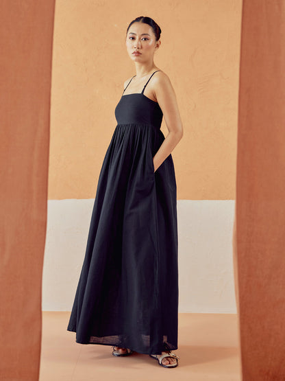 Dhiyona FL Women's Black Solid Linen Maxi Dress
