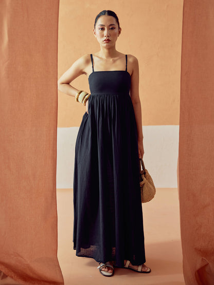 Dhiyona FL Women's Black Solid Linen Maxi Dress