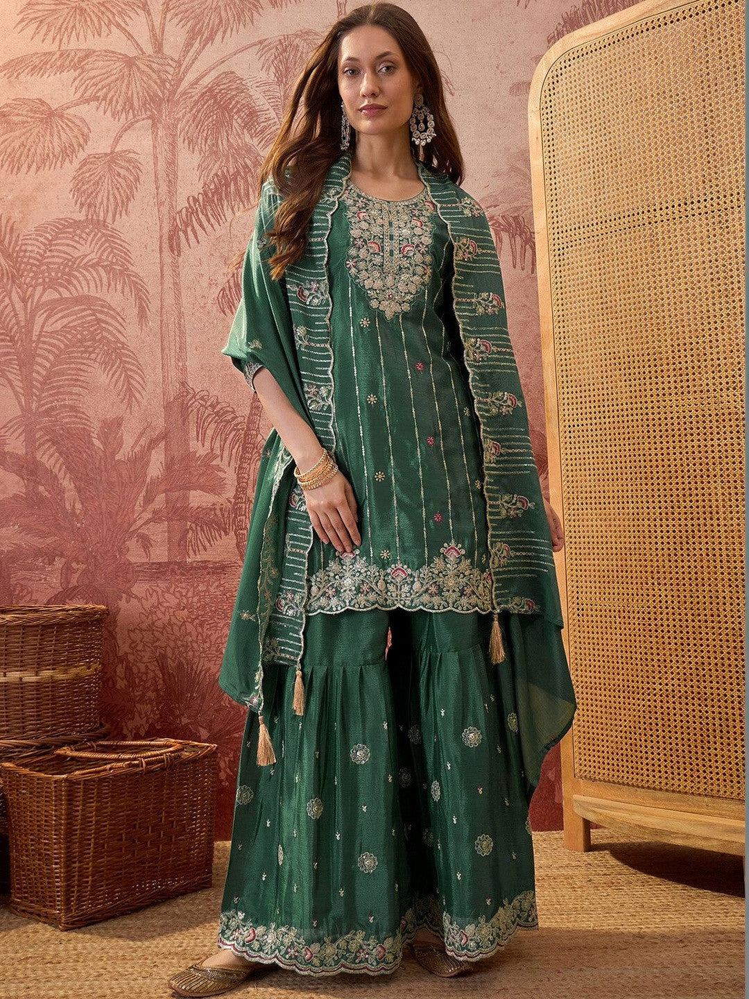 Embroidered Round Neck Kurta & Sharara With Dupatta