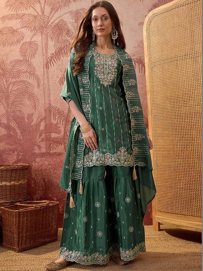 Embroidered Round Neck Kurta & Sharara With Dupatta