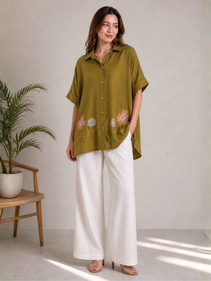 Drona Olive embroidery cotton co-ord set
