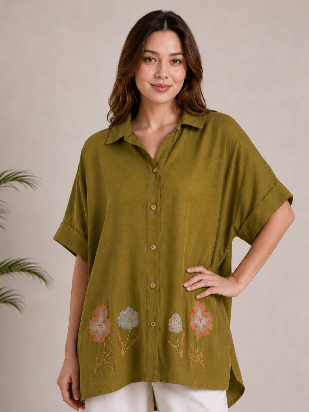 Drona Olive embroidery cotton co-ord set