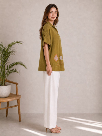 Drona Olive embroidery cotton co-ord set