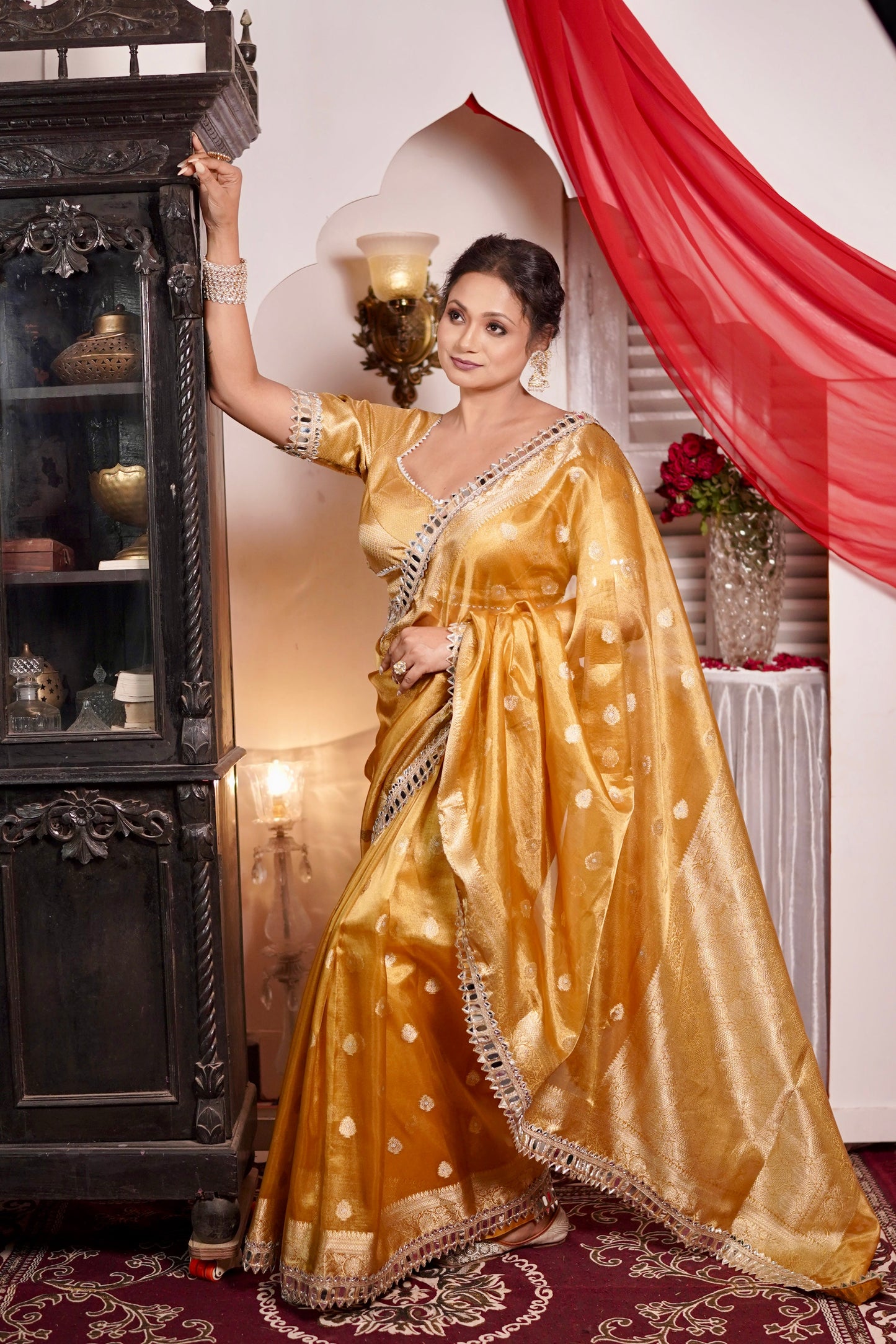 Dhiyona HH Mustard Gold Banarasi Varnika Tissue Silk Mirror Work Saree