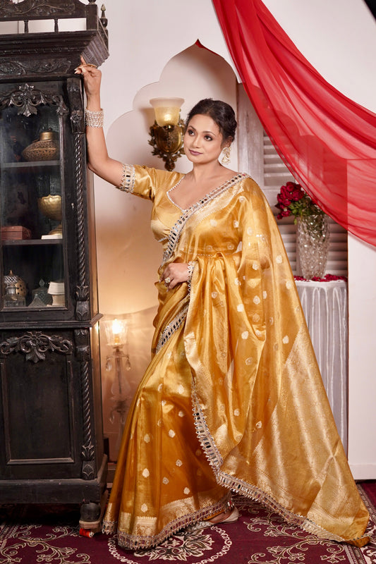Dhiyona HH Mustard Gold Banarasi Varnika Tissue Silk Mirror Work Saree