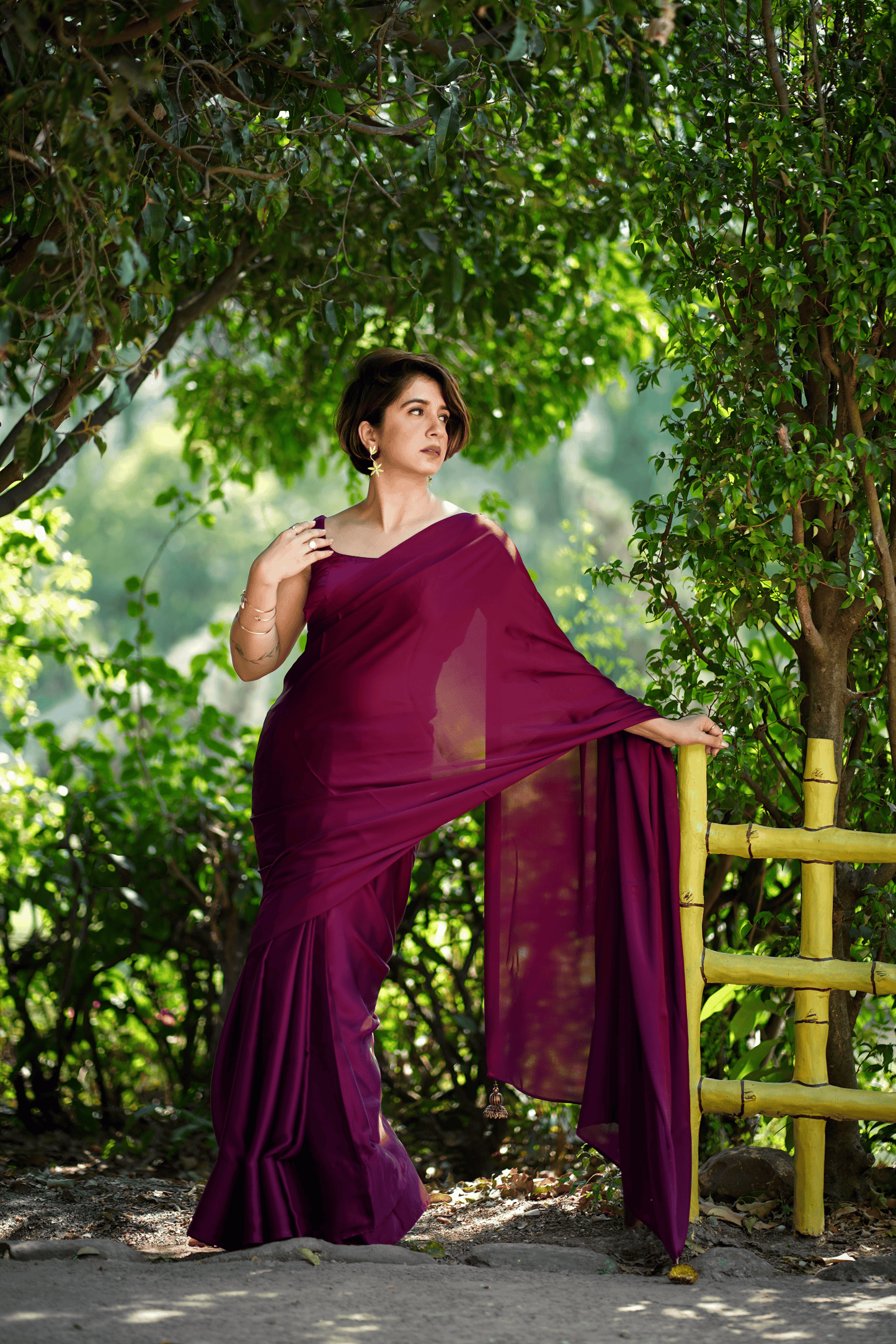 Dhiyona ST Wine Satin Saree with Bronze Pendants