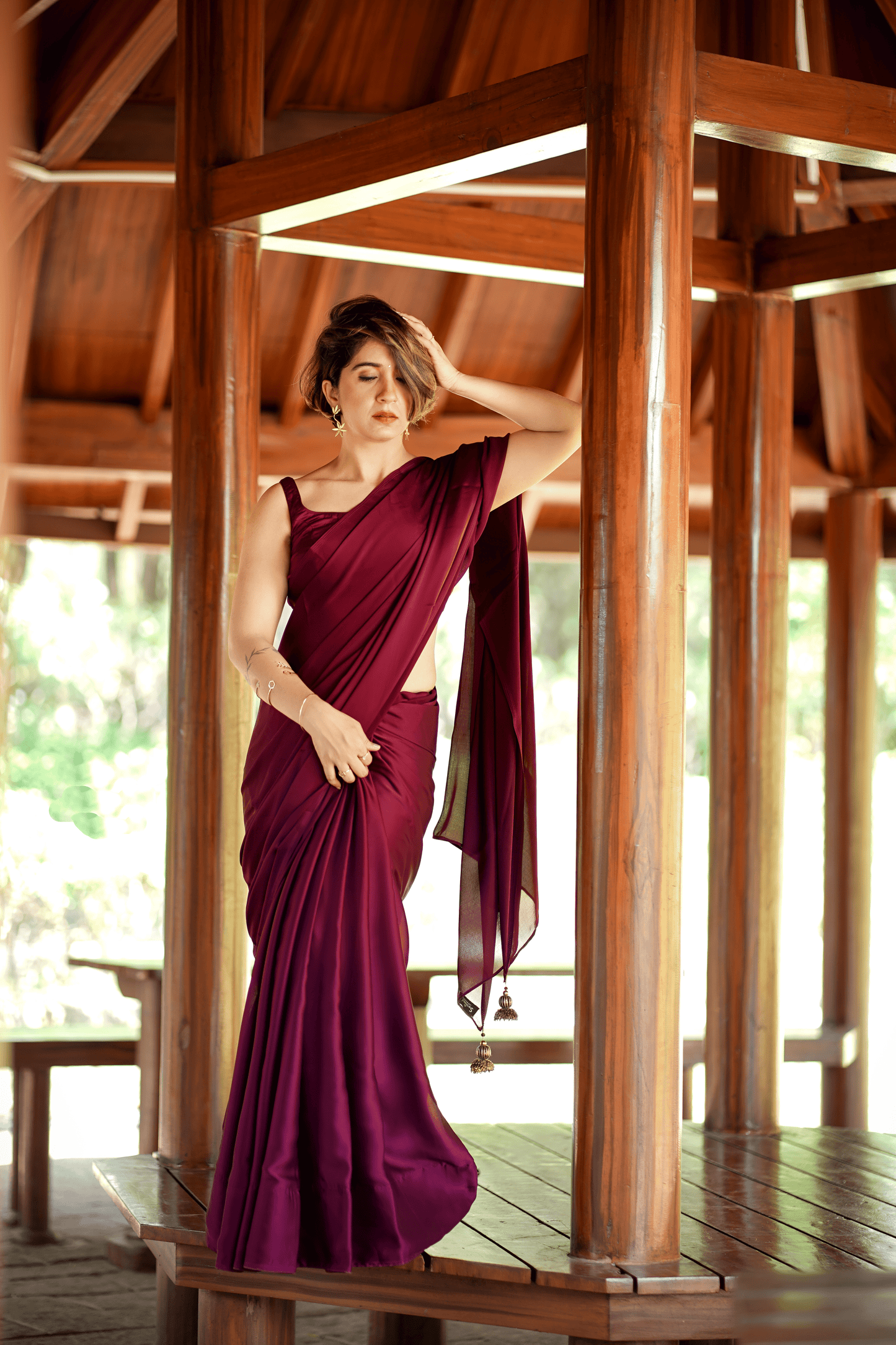 Dhiyona ST Wine Satin Saree with Bronze Pendants