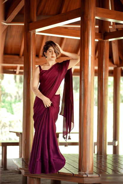 Dhiyona ST Wine Satin Saree with Bronze Pendants