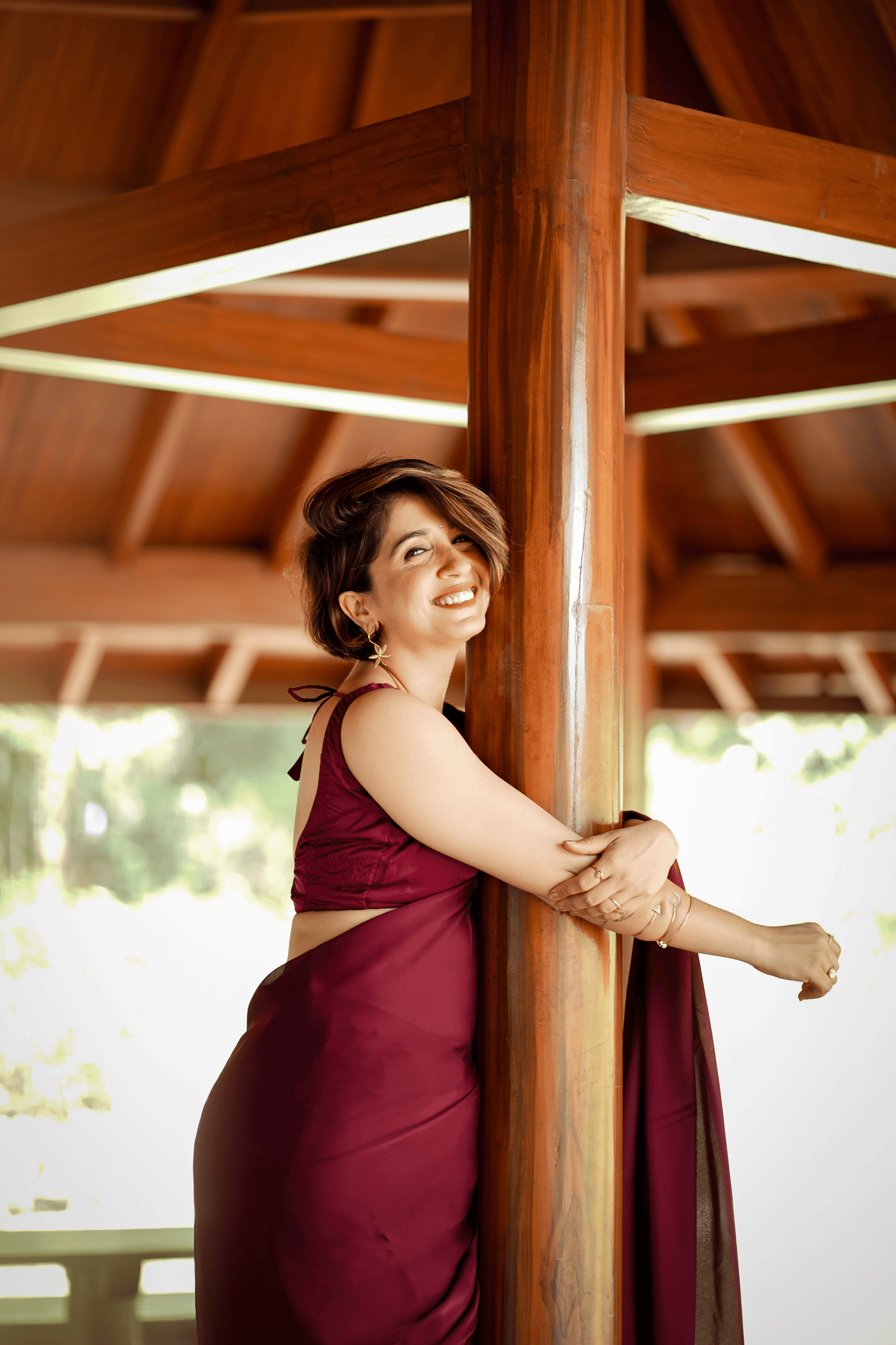 Dhiyona ST Wine Satin Saree with Bronze Pendants