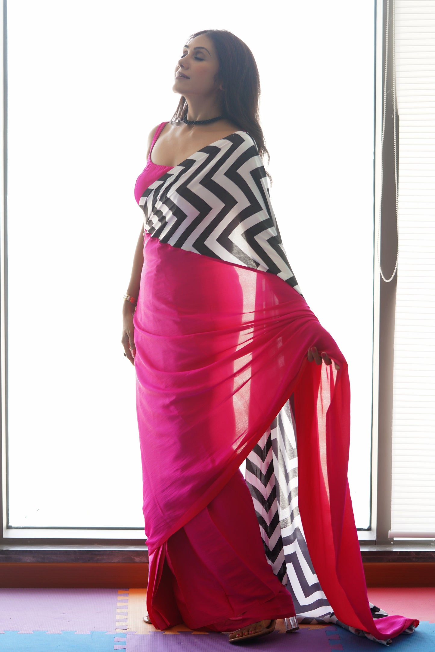 Dhiyona ST Fuchsia Satin Saree with Chevron Print with Fuchsia Blouse Fabric