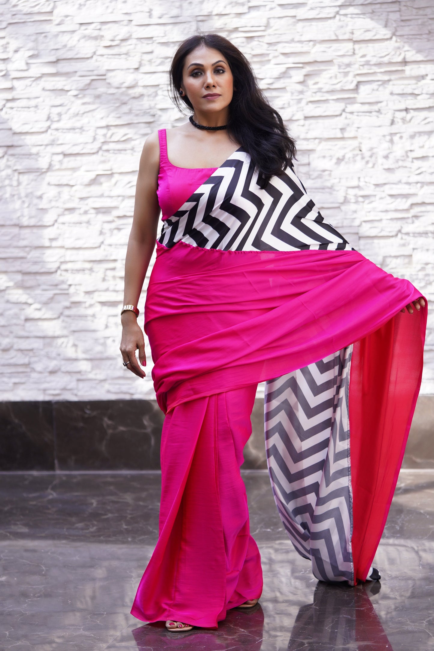 Dhiyona ST Fuchsia Satin Saree with Chevron Print with Fuchsia Blouse Fabric