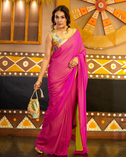Dhiyona ST Pre-Draped 1-Minute Fuchsia Georgette with Neon Yellow Crepe Saree with Pearl Pendants and Blouse Fabric