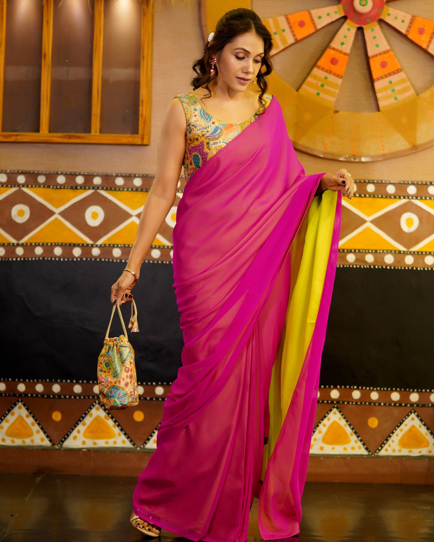 Dhiyona ST Pre-Draped 1-Minute Fuchsia Georgette with Neon Yellow Crepe Saree with Pearl Pendants and Blouse Fabric