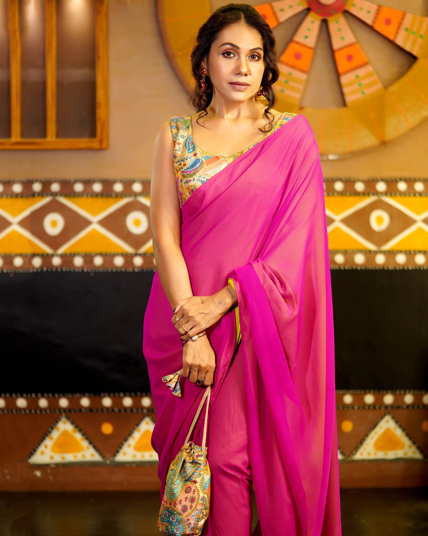Dhiyona ST Pre-Draped 1-Minute Fuchsia Georgette with Neon Yellow Crepe Saree with Pearl Pendants and Blouse Fabric