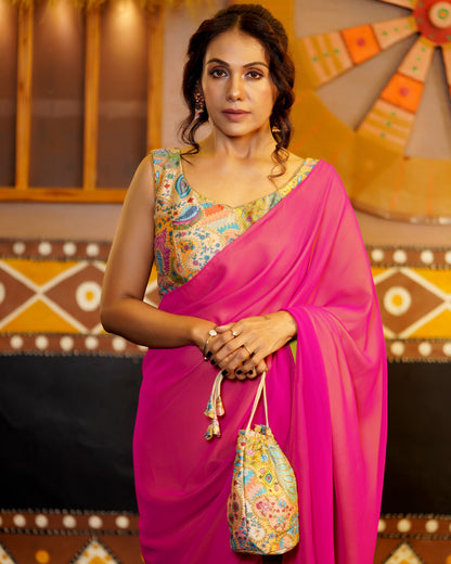 Dhiyona ST Pre-Draped 1-Minute Fuchsia Georgette with Neon Yellow Crepe Saree with Pearl Pendants and Blouse Fabric