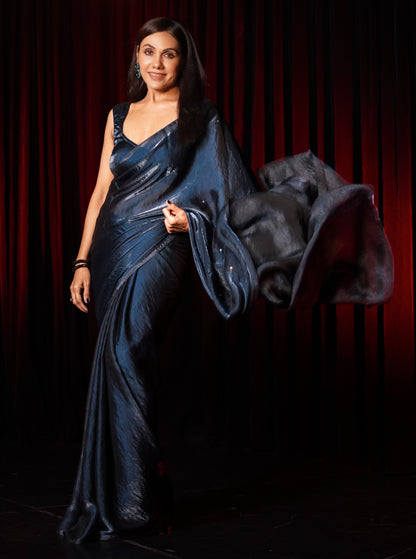 Dhiyona ST Deep Blue Metallic Satin Saree with Iridescent Sequins and Blouse Fabric