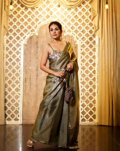 Dhiyona ST Pre-Draped 1-Minute Liquid Gold Organza Saree with Big Diamonds and Blouse Fabric